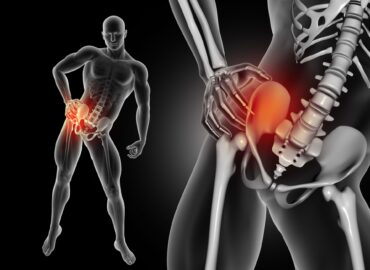 3D render of a male figure holding hip in pain with close up of hip bone